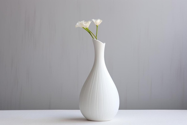 a white vase with flowers in it and a grey background.