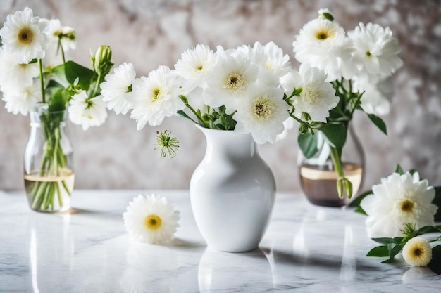 白い花瓶の中に花があり花束の文字が書かれた花瓶