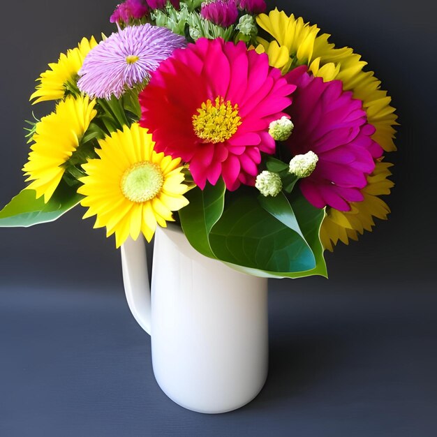 A white vase with flowers in it and the word " spring " on the bottom.