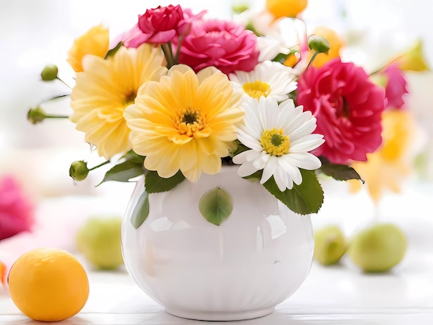 Photo a white vase with flowers and an orange lemon on the table