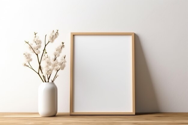 a white vase with flowers and a picture frame on a table.