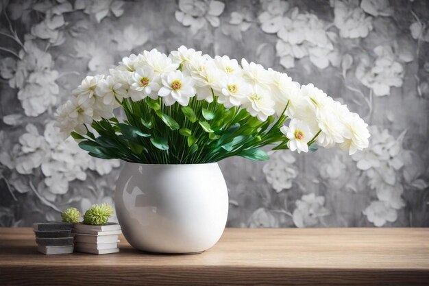 Photo a white vase with flowers on a wooden table and a wallpaper behind it