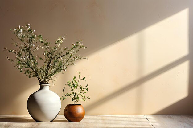 White vase with foliage on a wooden table