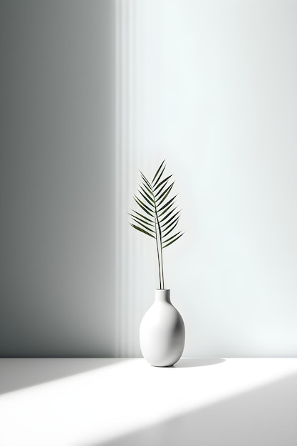 Photo a white vase with a green leaf in it and a white wall behind it.