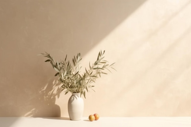 A white vase with green leaves and a peach on the table