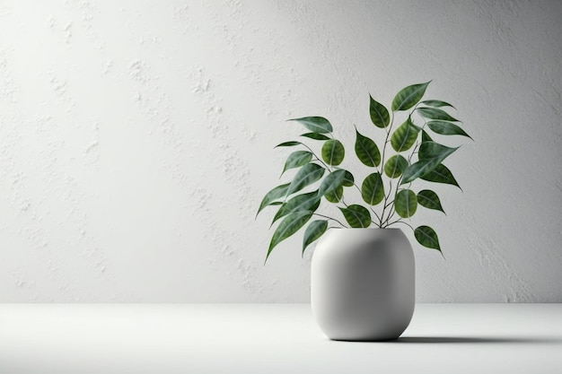 A white vase with a green plant in it