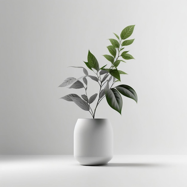 A white vase with a green plant in it