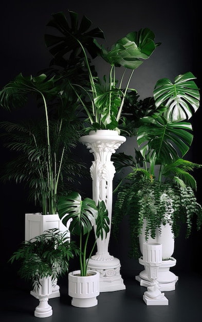 A white vase with a large leafy green plant in it.
