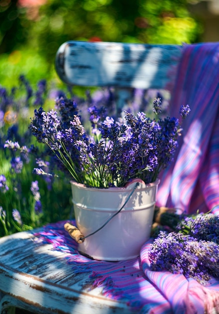 White vase with lavender bouquet on vintage chair, on lavender field background