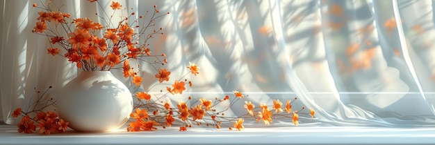 White Vase With Orange Flowers on Window Sill