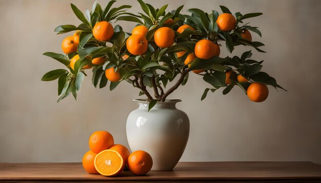 a white vase with oranges and a tree in it
