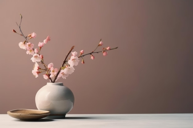 A white vase with pink flowers is on a table with a plate and a plate of food.