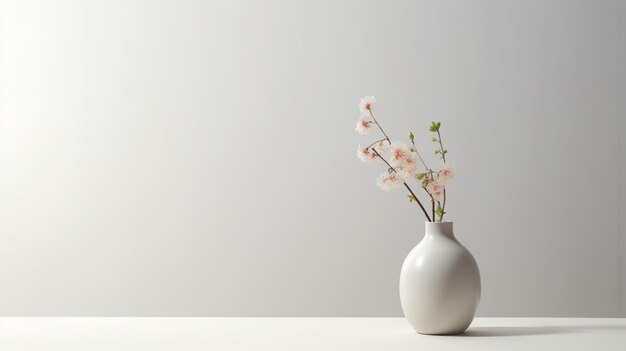 A white vase with pink flowers is on a white table.