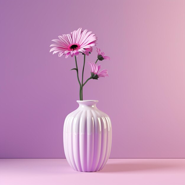 a white vase with pink flowers in it and a purple background.