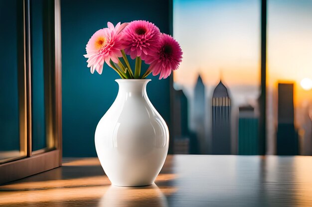 Foto un vaso bianco con fiori rosa in esso si siede su un tavolo