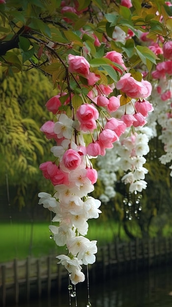 A white vase with pink flowers on it