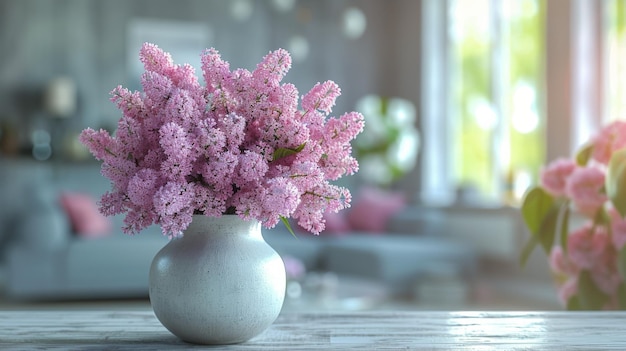 テーブルの上にピンクの花がついた白い花瓶