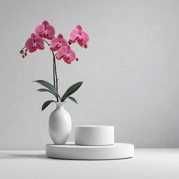 a white vase with pink orchids in it