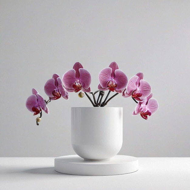 a white vase with pink orchids in it