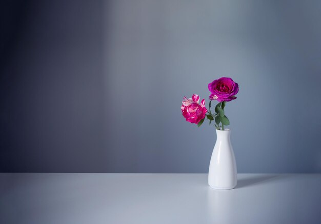 white vase with pink roses on blue background