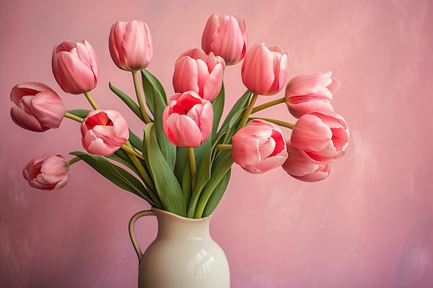 Белая ваза с розовыми тюльпанами на сером фоне
