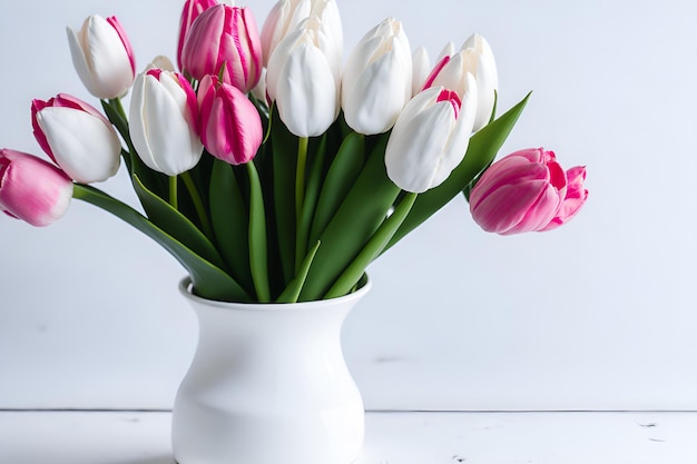 A white vase with pink and white tulips on a white table.