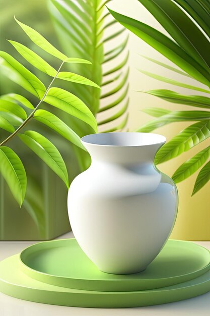 a white vase with a plant in the background and a green plant in the background.