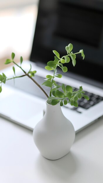 White Vase With Plant in Front of Laptop Generative AI