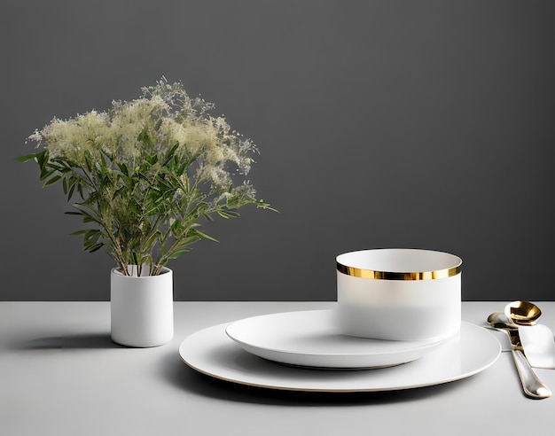 식물이 있는 흰색 꽃병과 식물이 있는 컵.