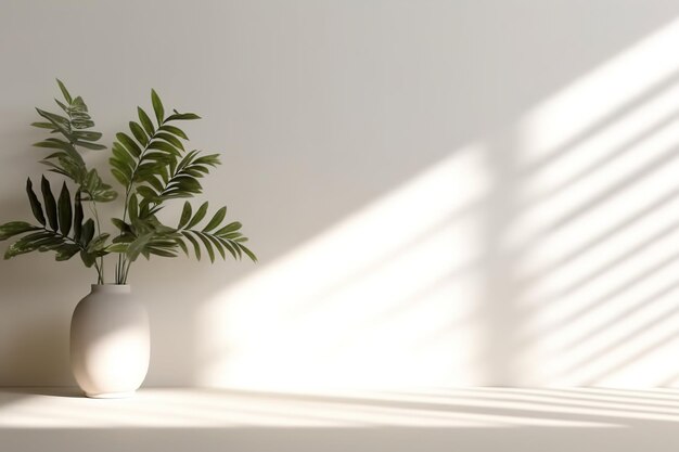 A white vase with a plant in it and the sun shining on the wall