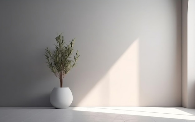 A white vase with a plant in it and the sun shining on the wall