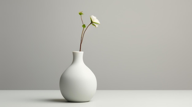 A white vase with a plant in it that has a flower in it.