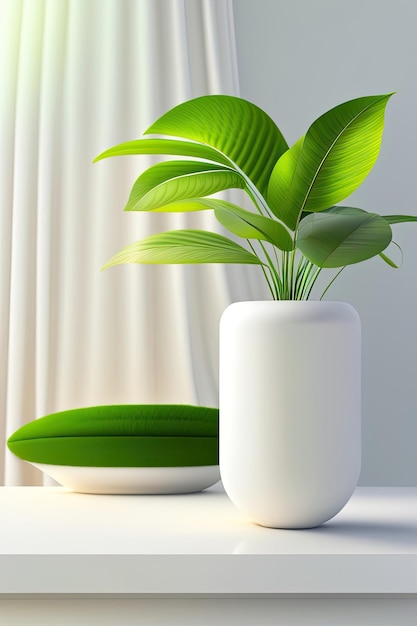 a white vase with a plant and a plant on the table