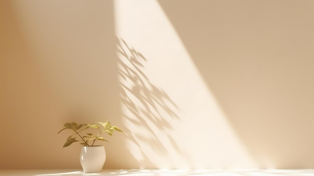 Белая ваза с растением на столе перед стеной с тенью дерева на ней.
