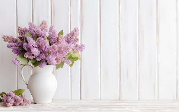 A white vase with purple flowers on a table.