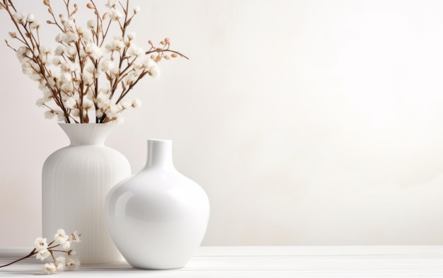 White vase with spring flowers on white table Copy space