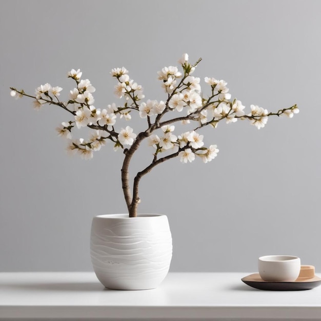 Photo a white vase with a tree in it and a pot with a small bowl on the table