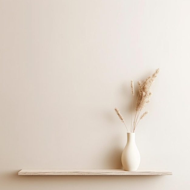 A white vase with a wheat in it and a dry plant on the shelf.