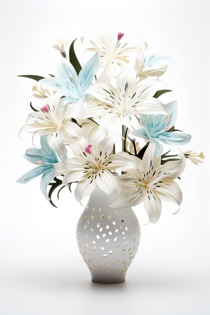 A white vase with white and blue flowers