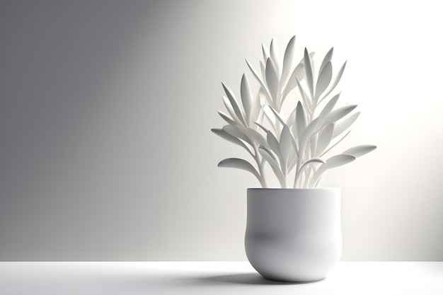 A white vase with white flowers in it and a white background.