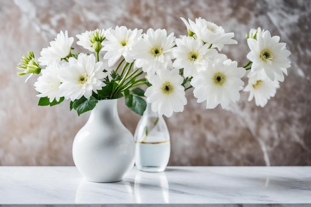 a white vase with white flowers in it and a white vase with the words quot daisies quot on the botto