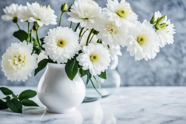 a white vase with white flowers in it and a white vase with the words  daisy  on it