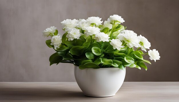 a white vase with white flowers in it and a white vase with the words  geranium  on it