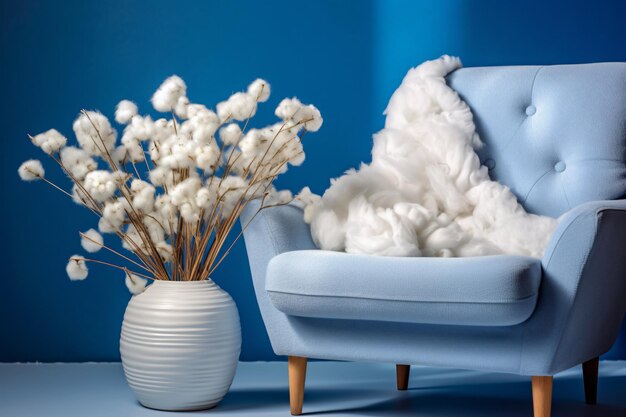 A white vase with a white fluffy blanket on it