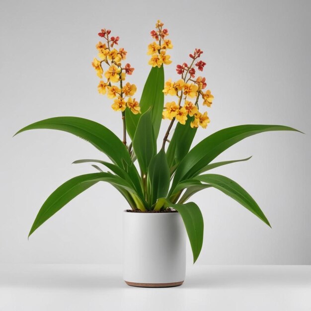 a white vase with yellow flowers and a white background