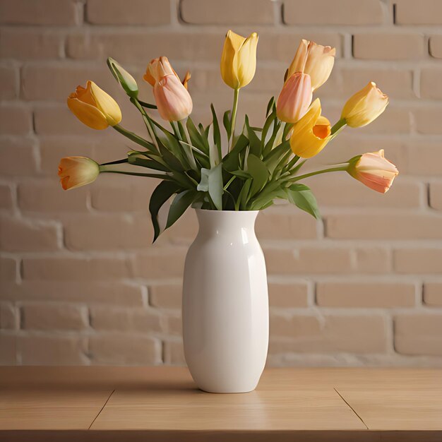 Photo a white vase with yellow and pink flowers in it