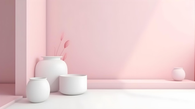 White vases on a white floor in a pink room