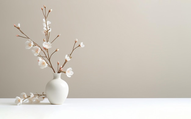 White vases with flowers in light colors in the style of a postcard with a place for text