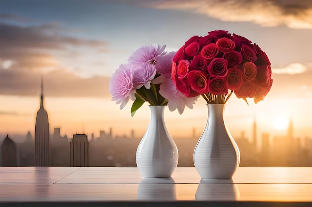 white vases with pink flowers in front of a sunset sky