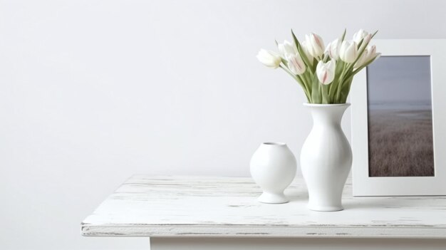 White vases with tulips on a table